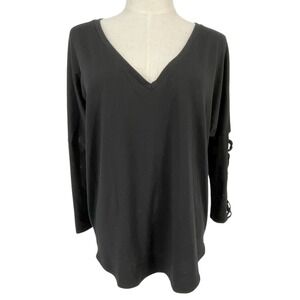 Guess Los Angeles Womens Black V-Neck Long Sleeve Lattice Cutout Top Large